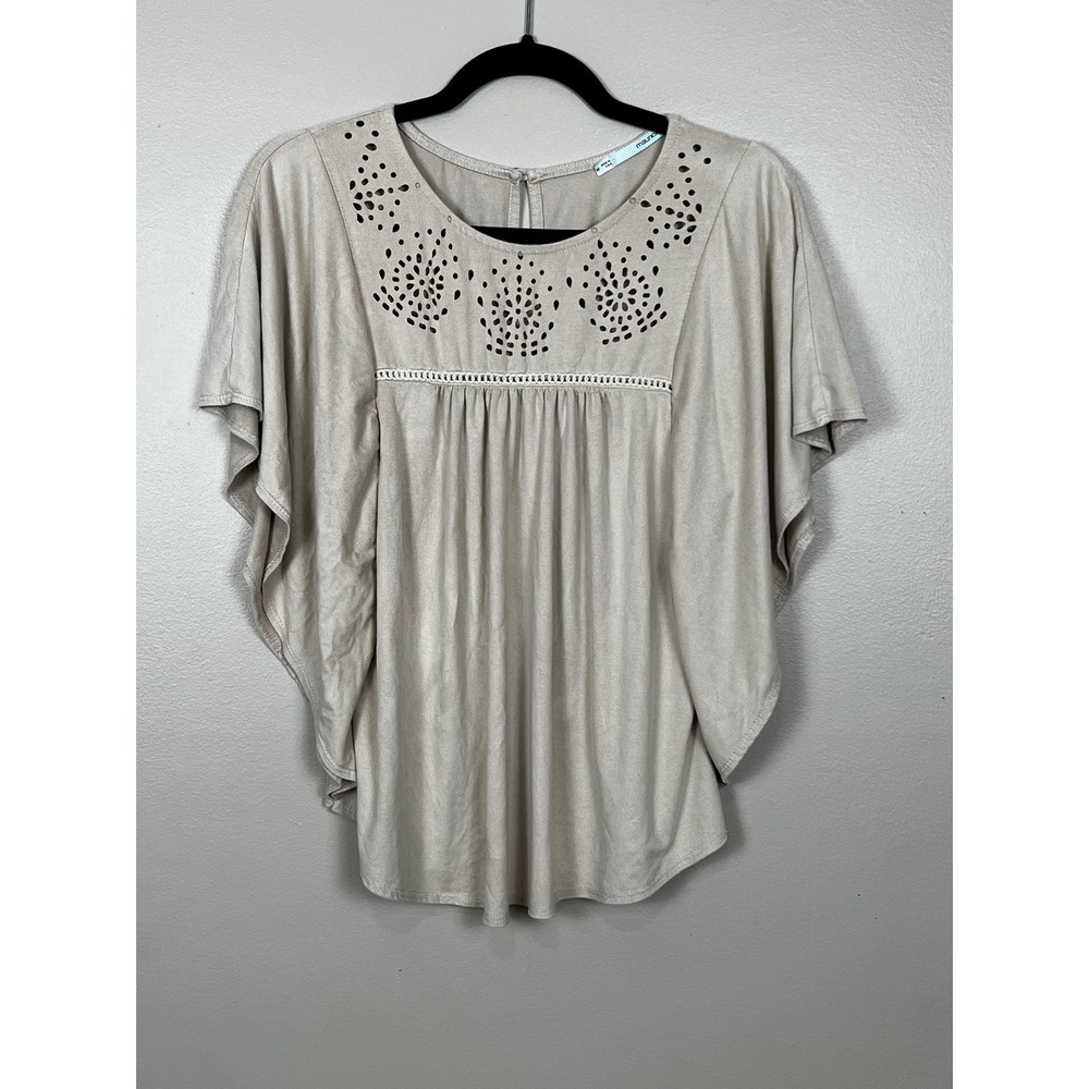 Maurices Womens Tan Faux Suede Laser Cut Eyelet Butterfly Sleeve Blouse Medium